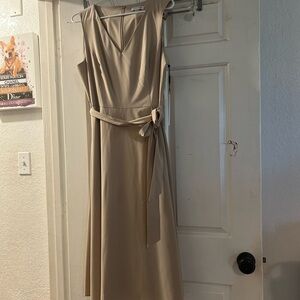 Calvin Klein Sleeveless V-Neck Midi Dress in Beige with Tie Waist